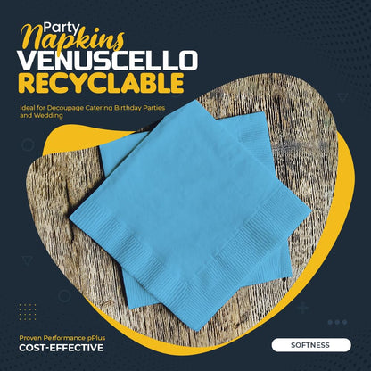 Venuscello® 200 x Serviettes Tissue Paper Napkins Sky Blue 2-Ply 33cm for Catering Wedding Birthday Parties - 100 in Each Pack