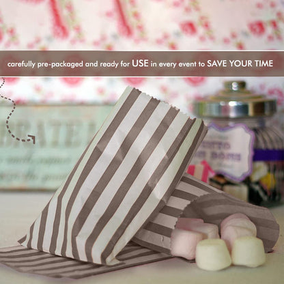 Venuscello® 100 x Candy Bags Brown Striped Sweet Paper Bag 5" x 7" for Sweets Christmas Party Halloween Wedding & Baby Shower