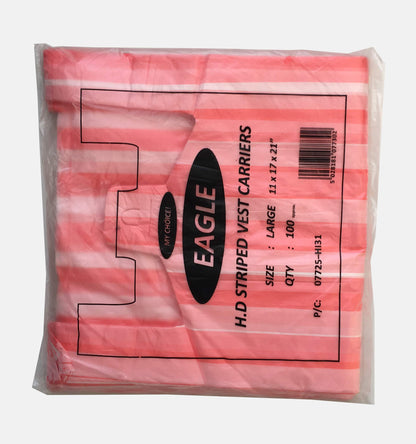Venuscello® 300 x Vest Style Striped Carrier Pink Bags Plastic 10" x 15" x 18" 12mu Heavy Duty Carry Bags for Vegetables Fruits Groceries Shopping
