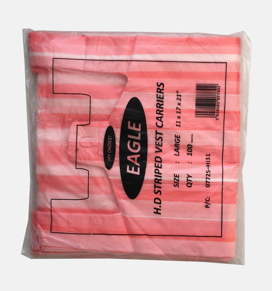 Venuscello® 300 x Vest Style Striped Carrier Pink Bags Plastic 10" x 15" x 18" 12mu Heavy Duty Carry Bags for Vegetables Fruits Groceries Shopping