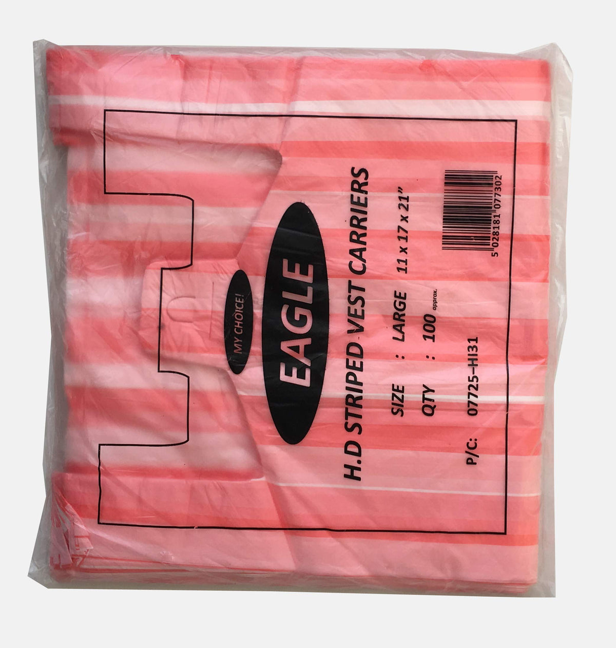 Venuscello® 300 x Vest Style Striped Carrier Pink Bags Plastic 10" x 15" x 18" 12mu Heavy Duty Carry Bags for Vegetables Fruits Groceries Shopping