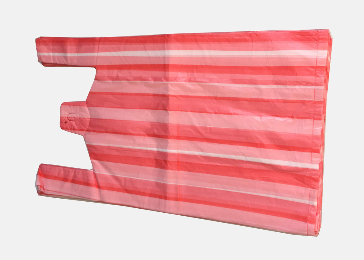 Venuscello® 300 x Vest Style Striped Carrier Pink Bags Plastic 10" x 15" x 18" 12mu Heavy Duty Carry Bags for Vegetables Fruits Groceries Shopping