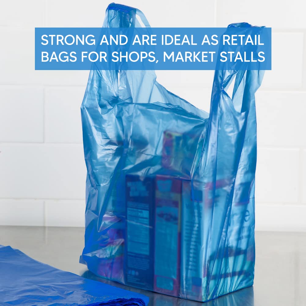 Venuscello® 1000 x Vest Style Carrier Bags Blue Plastic 11" x 17" x 21" Heavy Duty Carry Bags for Vegetables Fruits Groceries Shopping