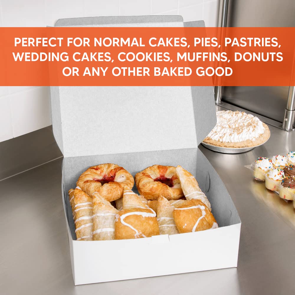 Venuscello® 250 x Cake Box Fold Flat Cardboard 8" X 8" X 3" Storage Container for Store Cup Cake Pastry Muffins, Dessert, Cookies & More - Disposable White