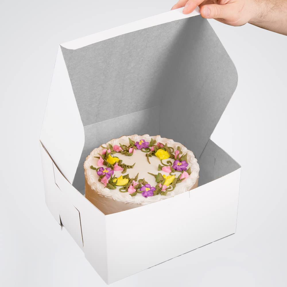 Venuscello® 250 x Cake Box Fold Flat Cardboard 8" X 8" X 3" Storage Container for Store Cup Cake Pastry Muffins, Dessert, Cookies & More - Disposable White