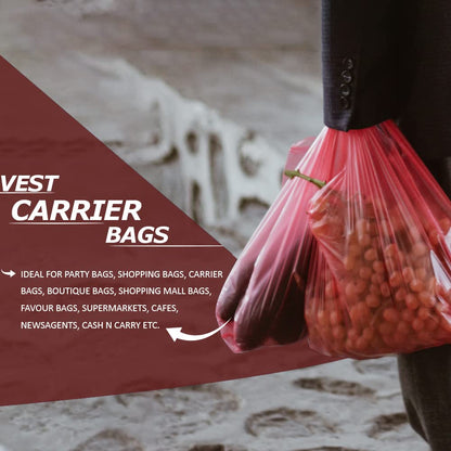 Venuscello® 500 x Vest Style Carrier Bags Red Plastic 11" x 17" x 21" 18mu Heavy Duty Carry Bags for Vegetables Fruits Groceries Shopping