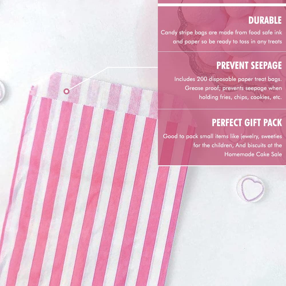 Venuscello® 200 x Candy Bags Pink Striped Sweet Paper Bag 5" x 7" for Sweets Christmas Party Halloween Wedding & Baby Shower