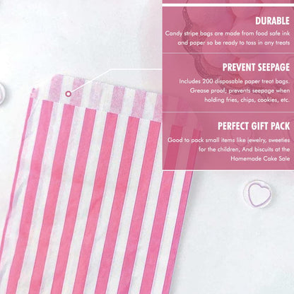 Venuscello® 200 x Candy Bags Pink Striped Sweet Paper Bag 5" x 7" for Sweets Christmas Party Halloween Wedding & Baby Shower