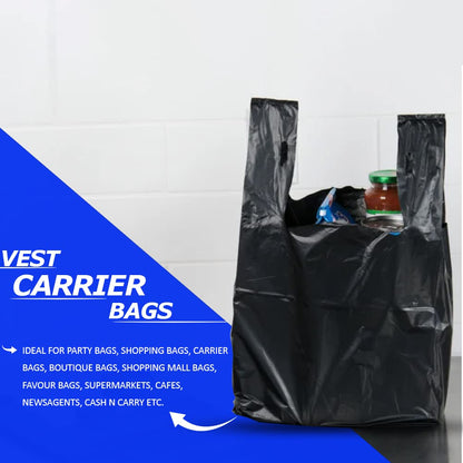 Venuscello® 2000 x Vest Style Carrier Bags Black Plastic 8" x 13" x 18" Heavy Duty Carry Bags for Vegetables Fruits Groceries Shopping