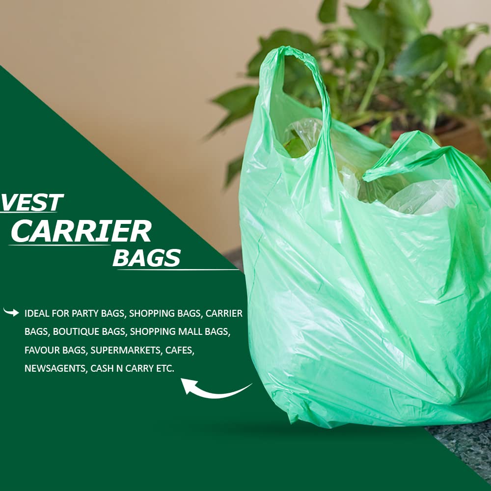 Venuscello® 2000 x Vest Style Carrier Bags Green Plastic 11" x 17" x 21" 18mu Heavy Duty Carry Bags for Vegetables Fruits Groceries Shopping