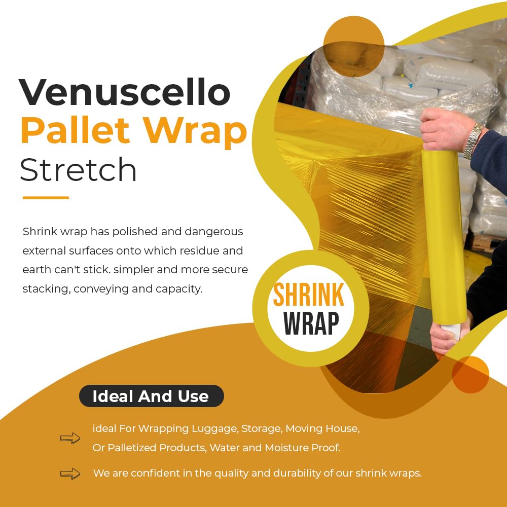 Venuscello® 6 x Pallet Wrap Stretch Shrink Wrapping Rolls Extended 400mm x 200m 20mu Yellow Cling Film for Moving, Secure Packaging, Wrap Parcel for Secure Shipping