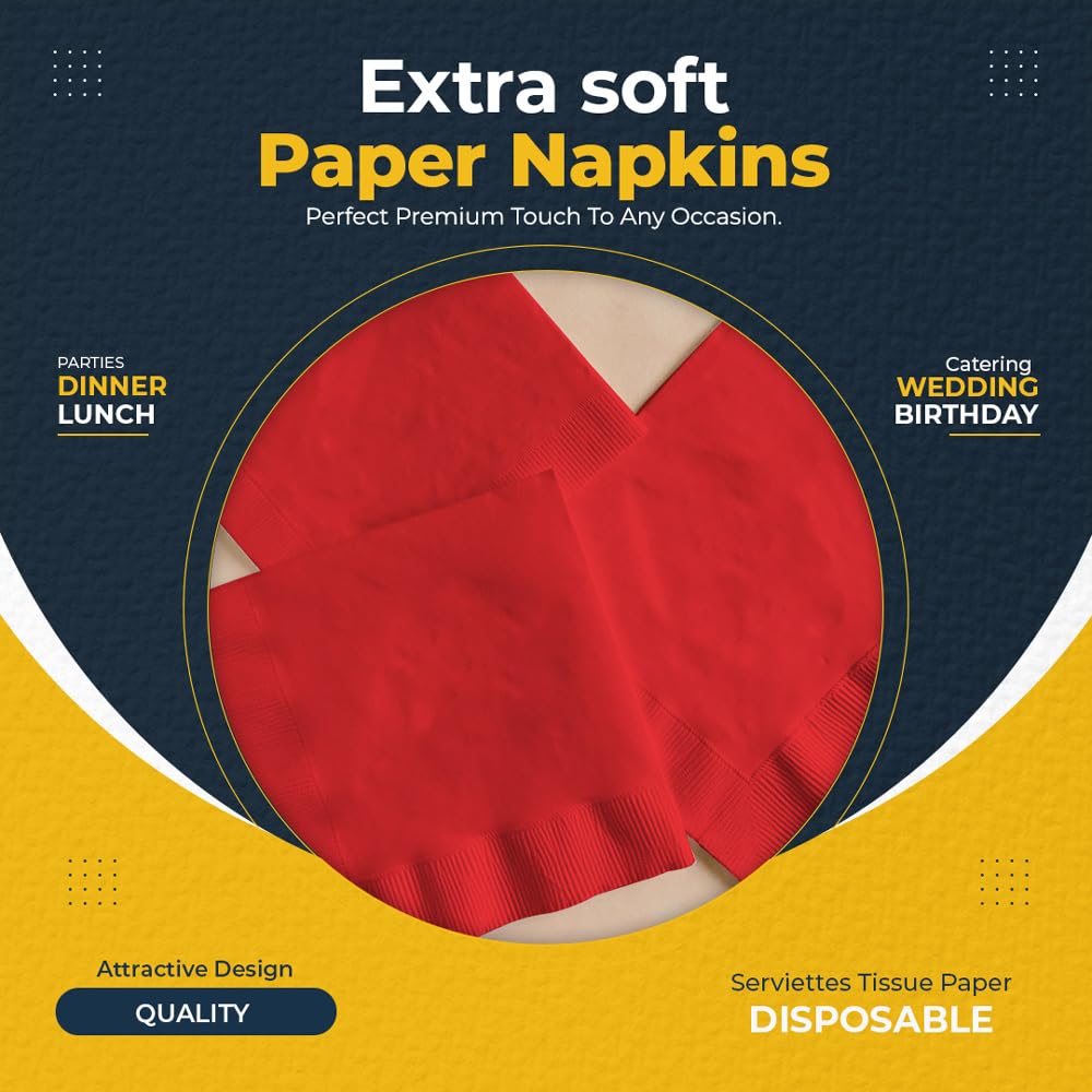 Venuscello® 2000 x Cocktail Serviettes Tissue Paper Napkins 2ply Red Disposable & Recyclable for Wedding, Birthday Party - 23cm x 23cm
