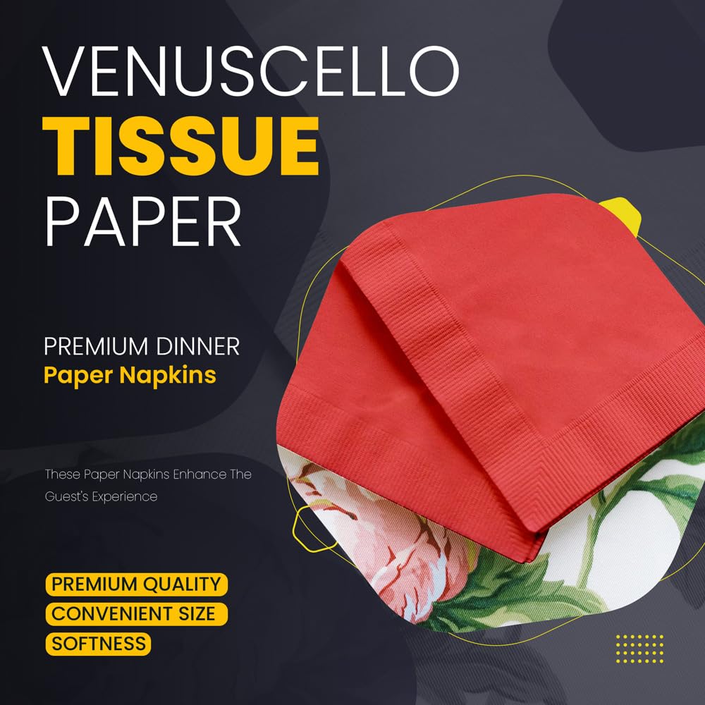 Venuscello® 2000 x Cocktail Serviettes Tissue Paper Napkins 2ply Red Disposable & Recyclable for Wedding, Birthday Party - 23cm x 23cm