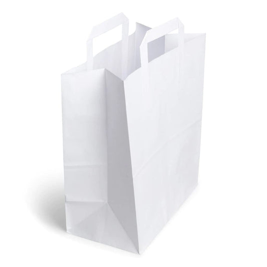 Venuscello® 50 x Paper Bags with Handles Takeaway SOS Food Carrier White Kraft Bag Flat Handle for Food Sweet Gifts Shopping Cloths Jewellery - 8.5" x 10" x 4.3"