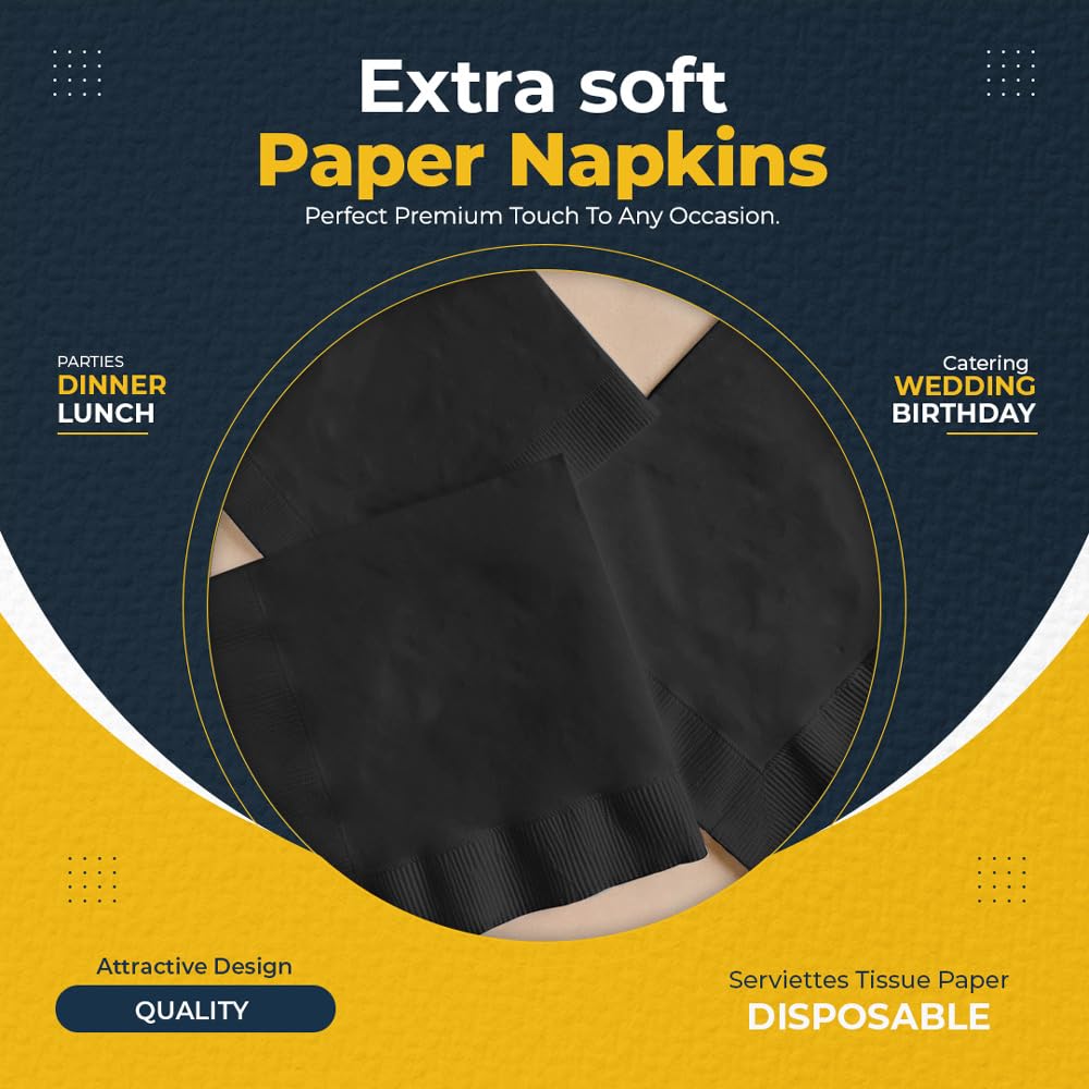 Venuscello® 400 x Serviettes Tissue Paper Napkins Black 2-Ply 33cm for Catering Wedding Birthday Parties - 100 in Each Pack