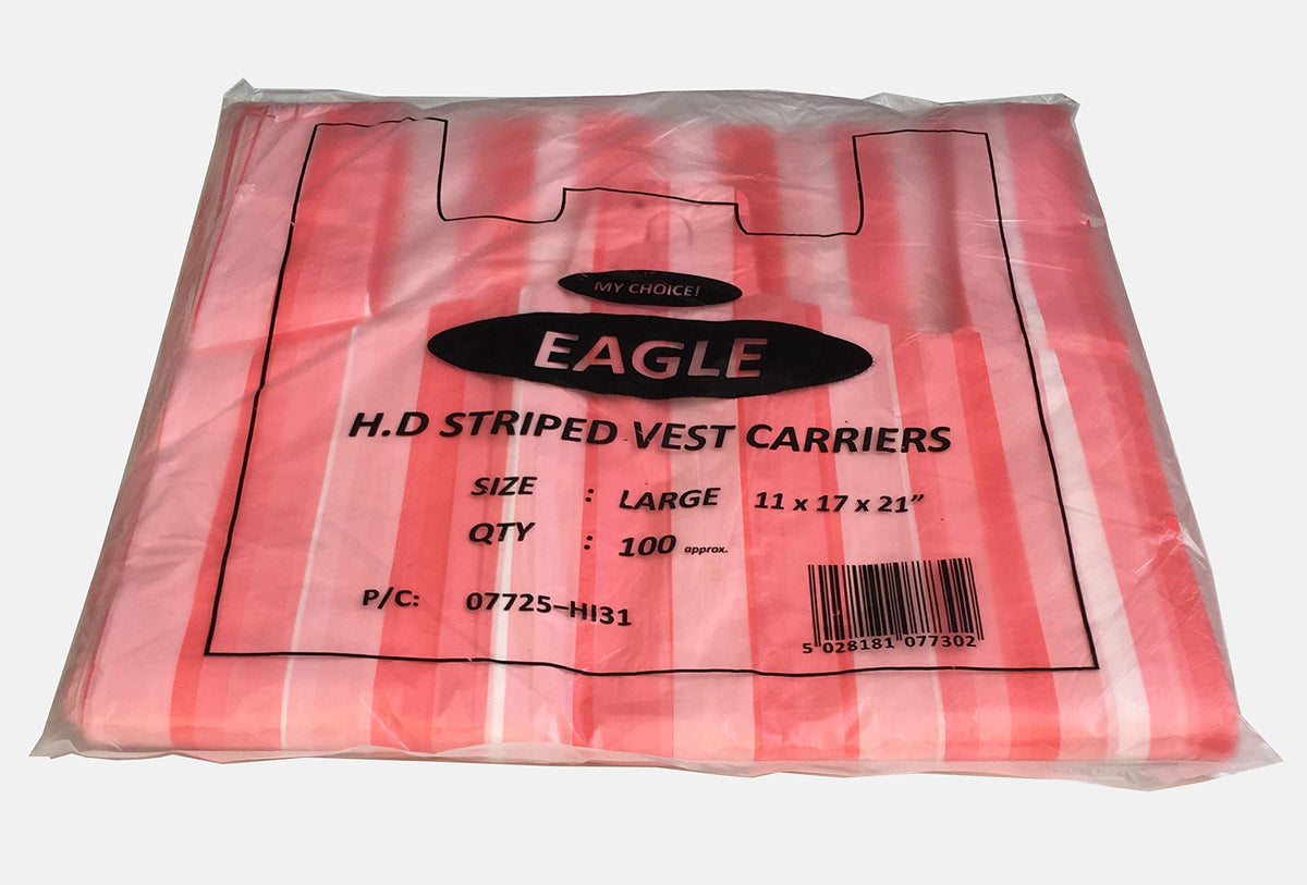 Venuscello® 200 x Vest Style Striped Carrier Pink Bags Plastic 11" x 17" x 21" 14micro Heavy Duty Carry Bags for Vegetables Fruits Groceries Shopping