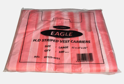 Venuscello® 200 x Vest Style Striped Carrier Pink Bags Plastic 11" x 17" x 21" 14micro Heavy Duty Carry Bags for Vegetables Fruits Groceries Shopping