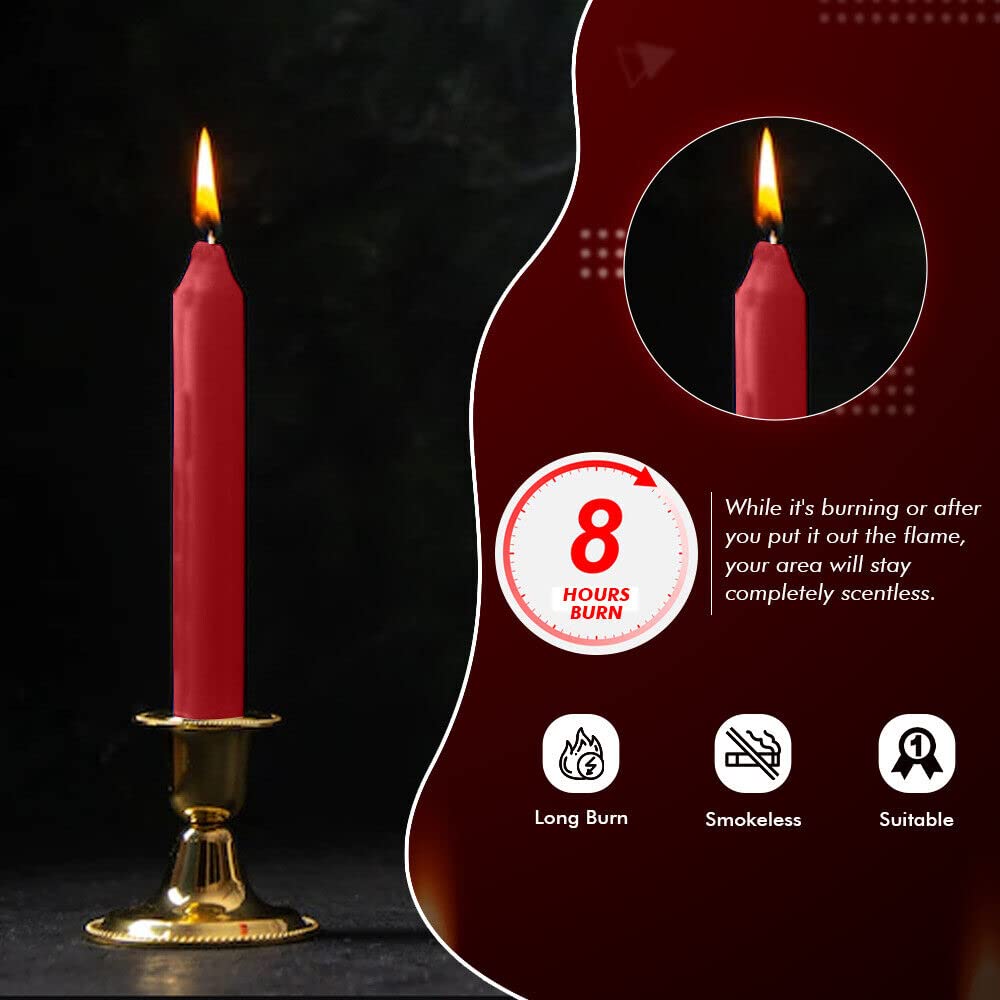 Venuscello® 25 Dinner Candle Tapered Non - Drip Unscented Long Burning Smokeless Which is Made from Pure Paraffin Wax - Multicolored - 18cm (Red)