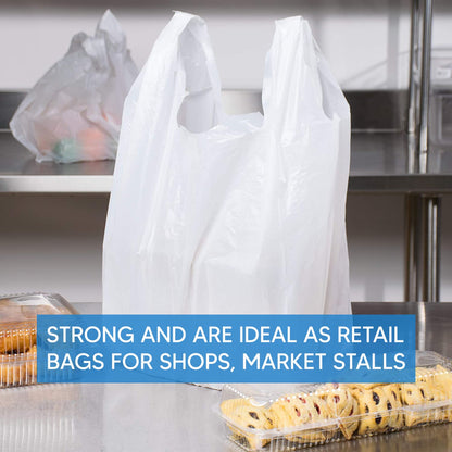 Venuscello® 2000 x Vest Style Carrier Bags White Plastic 8" x 13" x 18" 16mu Heavy Duty Carry Bags for Vegetables Fruits Groceries Shopping