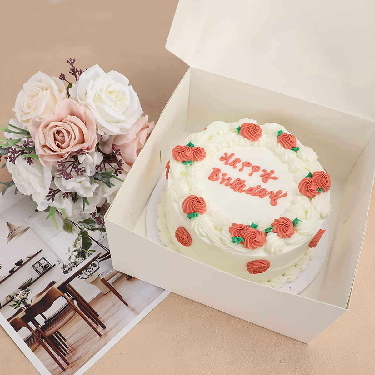 Venuscello® 250 x Cake Box Fold Flat Cardboard 10" X 10" X 4" Storage Container for Store Cup Cake Pastry Muffins, Dessert, Cookies & More - Disposable White