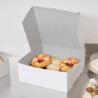 Venuscello® 250 x Cake Box Fold Flat Cardboard 10" X 10" X 4" Storage Container for Store Cup Cake Pastry Muffins, Dessert, Cookies & More - Disposable White
