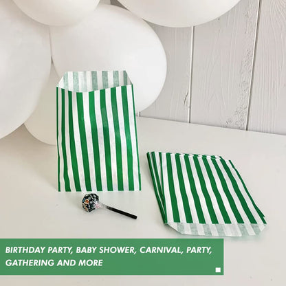Venuscello® 100 x Candy Bags Green Striped Sweet Paper Bag 5" x 7" for Sweets Christmas Party Halloween Wedding & Baby Shower