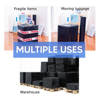 Venuscello® 2 x Pallet Stretch Shrink Cling Film 400mm x 250m Black Extended Core Wrap Rolls for Moving, Secure Packaging, Wrap Parcel for Secure Shipping