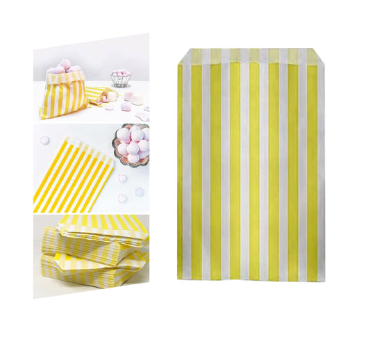 Venuscello® 100 x Candy Bags Yellow Striped Sweet Paper Bag 7" x 9" for Sweets Christmas Party Halloween Wedding & Baby Shower