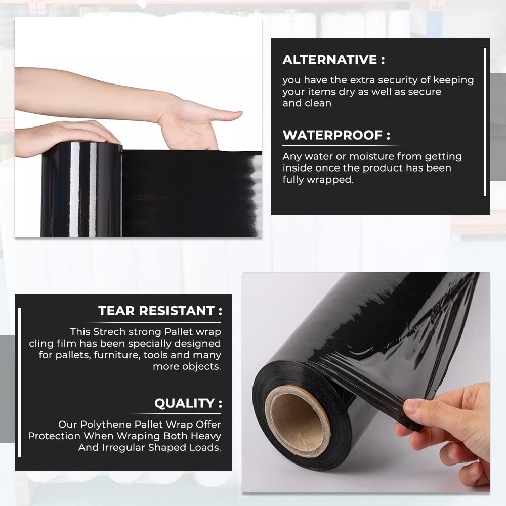 Venuscello® 3 x Pallet Stretch Shrink Cling Wrap Black Non Extended Rolls, Water Proof & Tear Resistant for Secure Packaging, House Moving - 400mm x 200m 17Micron - 3 PC