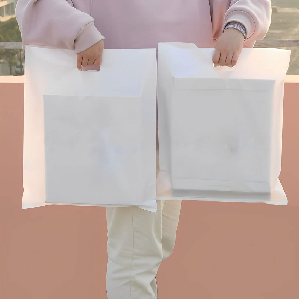 Venuscello® 100 x White Patch Handle Carrier Bags 15" x 18" x 3" Plastic Die Cut Handle Carrier Bag for Apparel Jewellery Gifts