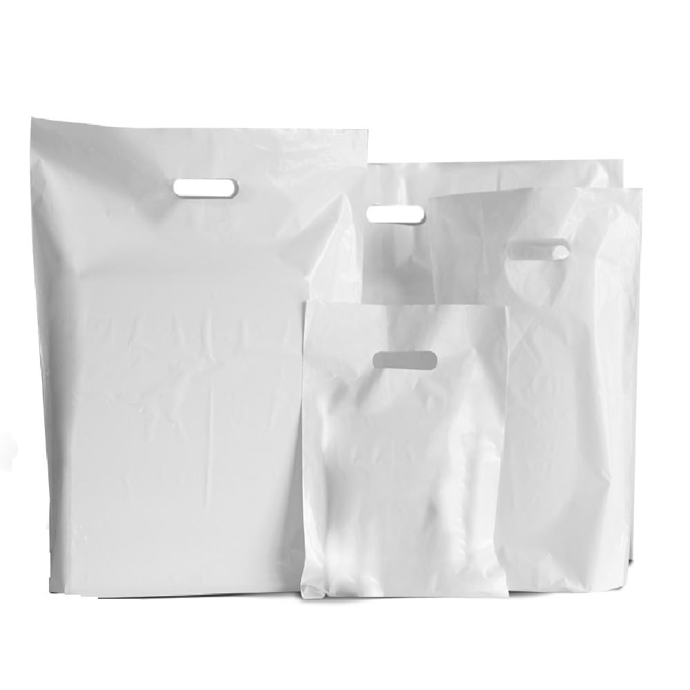 Venuscello® 100 x White Patch Handle Carrier Bags 15" x 18" x 3" Plastic Die Cut Handle Carrier Bag for Apparel Jewellery Gifts