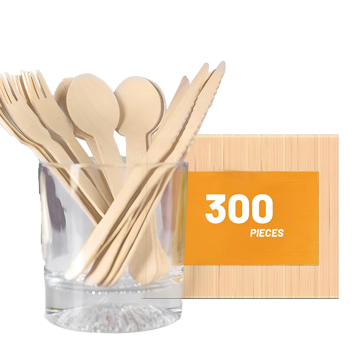 Venuscello® 300 x Disposable Wooden Cutlery Set Biodegradable - 100 Forks, 100 Spoons, and 100 Knives Eco-Friendly & Compostable - Wooden Cutlery for Picnic, Travel and Camping
