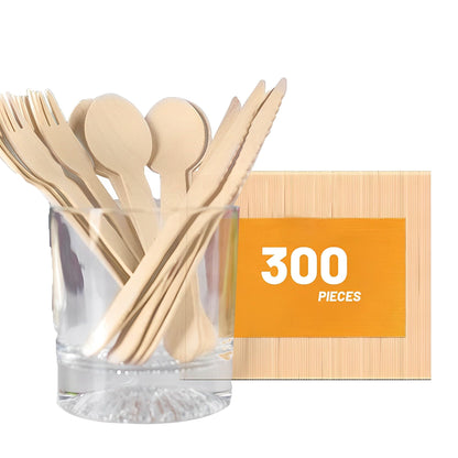 Venuscello® 300 x Disposable Wooden Cutlery Set Biodegradable - 100 Forks, 100 Spoons, and 100 Knives Eco-Friendly & Compostable - Wooden Cutlery for Picnic, Travel and Camping