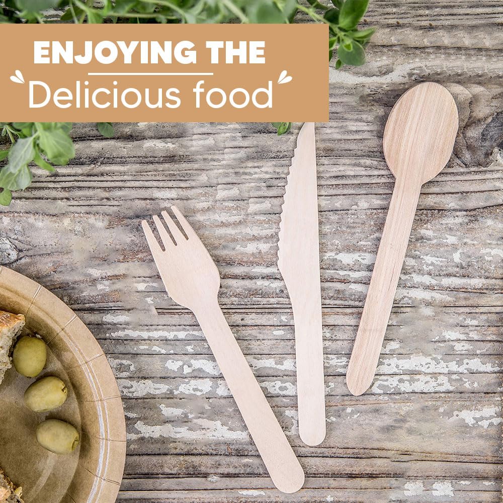 Venuscello® 300 x Disposable Wooden Cutlery Set Biodegradable - 100 Forks, 100 Spoons, and 100 Knives Eco-Friendly & Compostable - Wooden Cutlery for Picnic, Travel and Camping