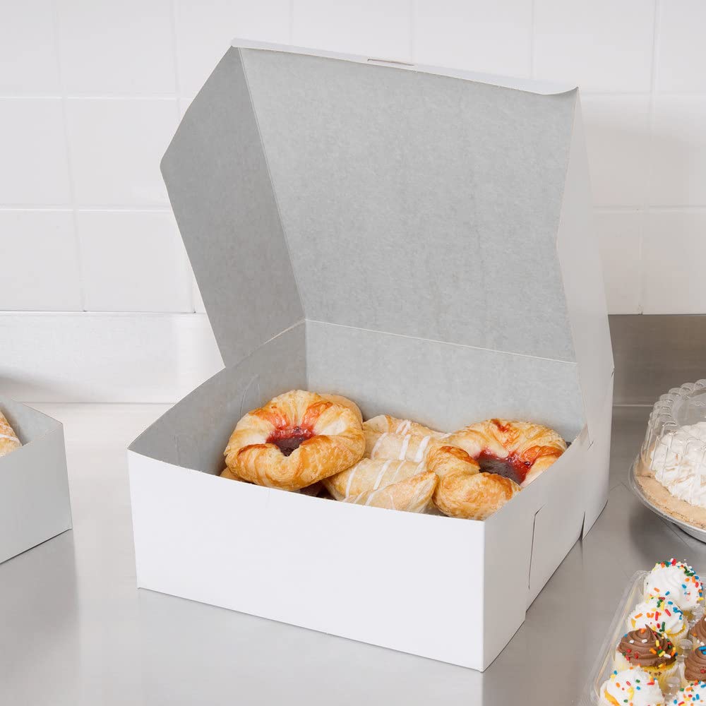 Venuscello® 50 x Cake Box Fold Flat Cardboard 9" X 9" X 4" Storage Container for Store Cup Cake Pastry Muffins, Dessert, Cookies & More - Disposable White