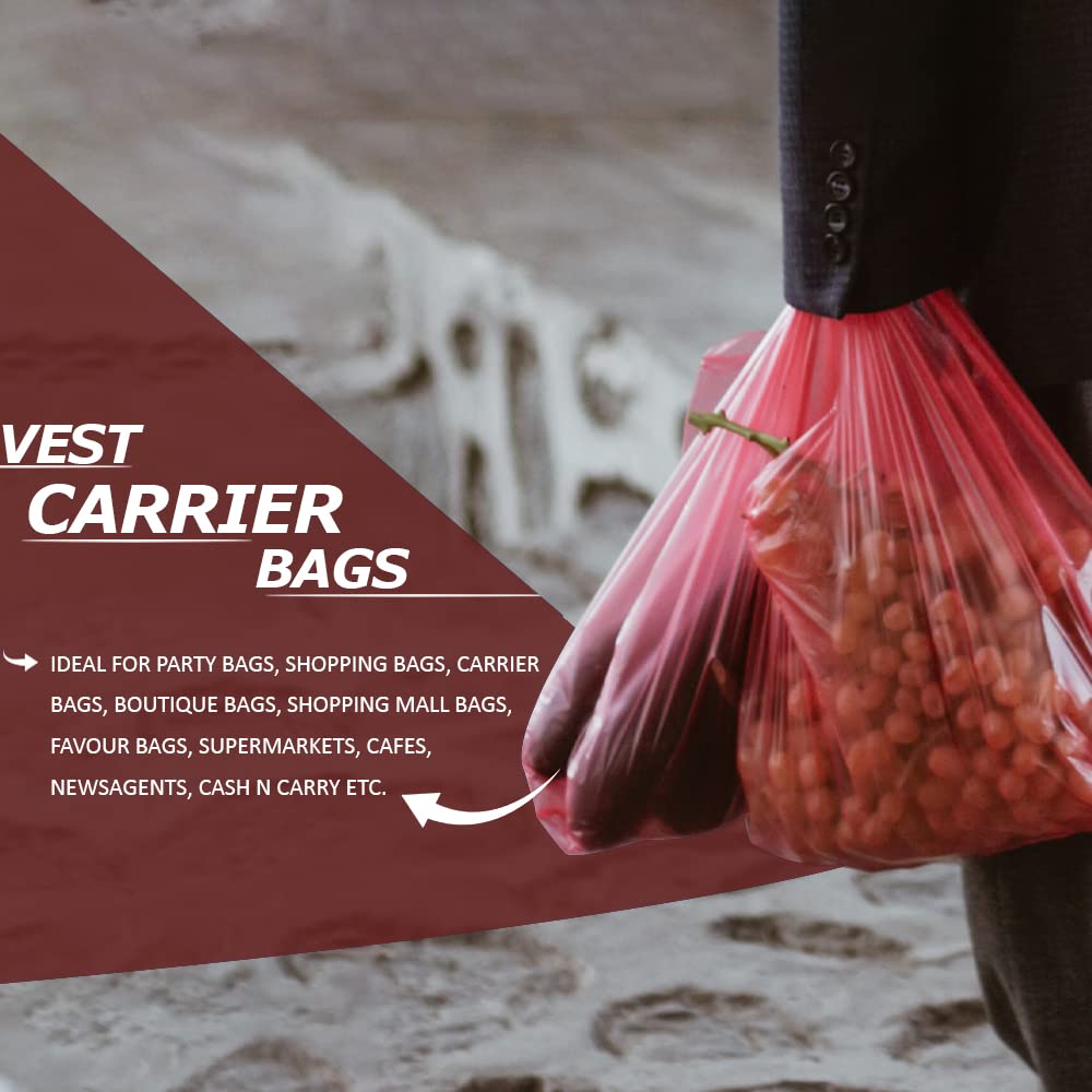 Venuscello® 200 x Vest Style Carrier Bags Red Plastic 12" x 18" x 23" 18mu Heavy Duty Carry Bags for Vegetables Fruits Groceries Shopping
