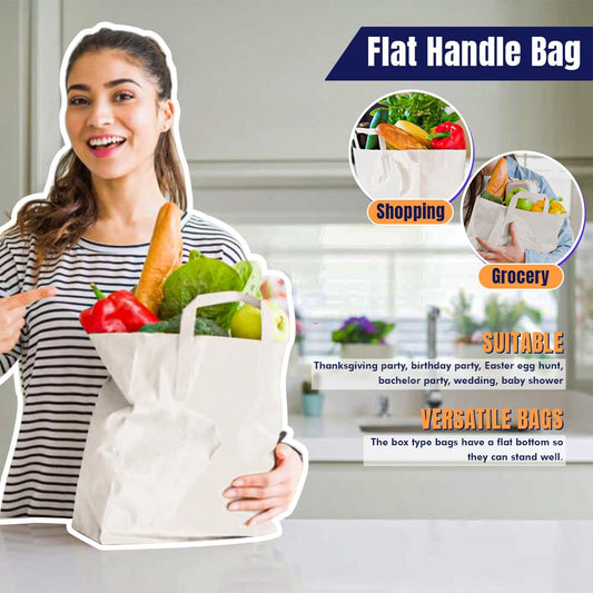 Venuscello® 250 x Paper Bags With Handles SOS Food Carrier White Kraft Bag with Flat Handle for Food Sweet Gifts Shopping Cloths Jewellery - 8.5" x 10" x 4.3"