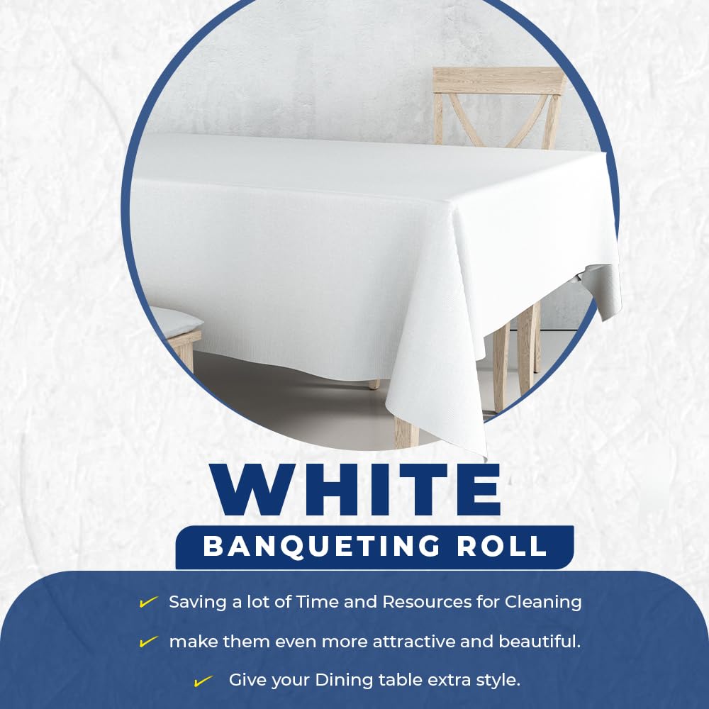 Venuscello® White Banquet Roll Table Banqueting Paper Cloth Cover for Wedding Buffet Dinner Home Large Disposable Table Protector - 25M x 1.14M