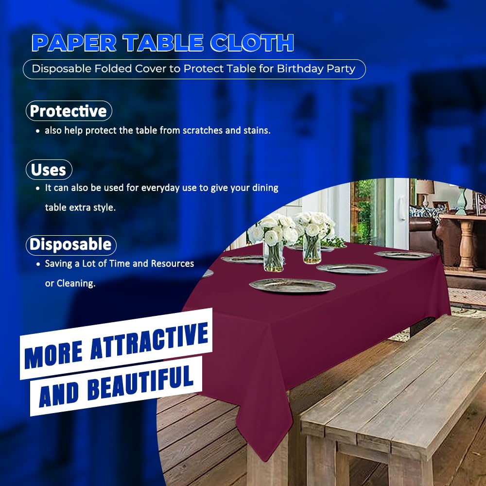 Venuscello® 25 x Burgundy Paper Table Cloth Square Tabletop Disposable Folded Cover to Protect Table for Birthday Party - 90cm x 90cm