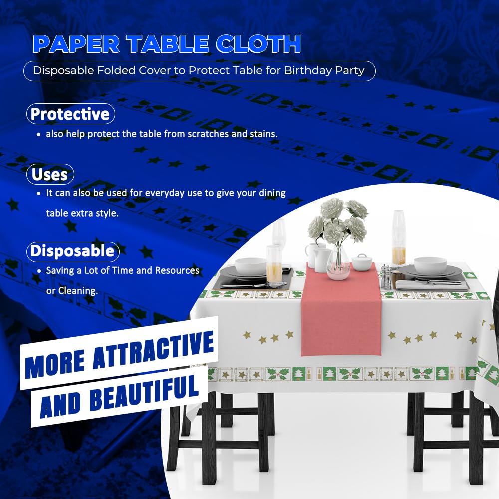 Venuscello x 25 Christmas White Printed Paper Table Covers Square Tabletop Disposable Folded Cloth to Buffet Table & Birthday Party - 90cm x 90cm
