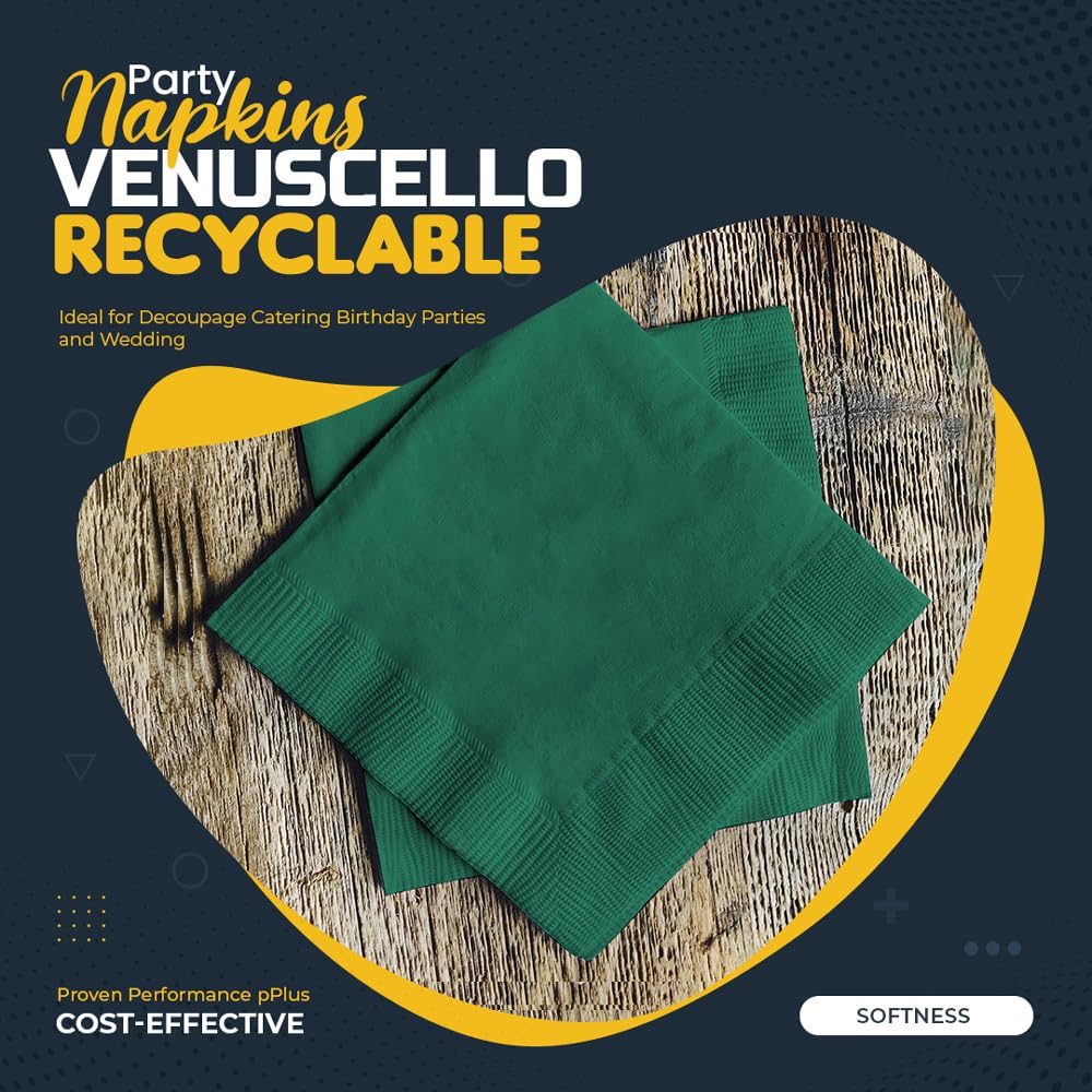 Venuscello® 1000 x Cocktail Serviettes Tissue Paper Napkins 2 Ply Green Disposable & Recyclable for Wedding, Birthday Party - 33cm x 33cm
