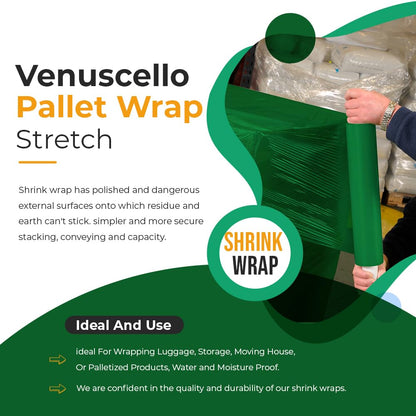 Venuscello® Pallet Stretch Wrapping Roll 400mm x 200m 20mu Green Extended Core Heavy Duty Shrink Wrap for Secure Packaging & Moving