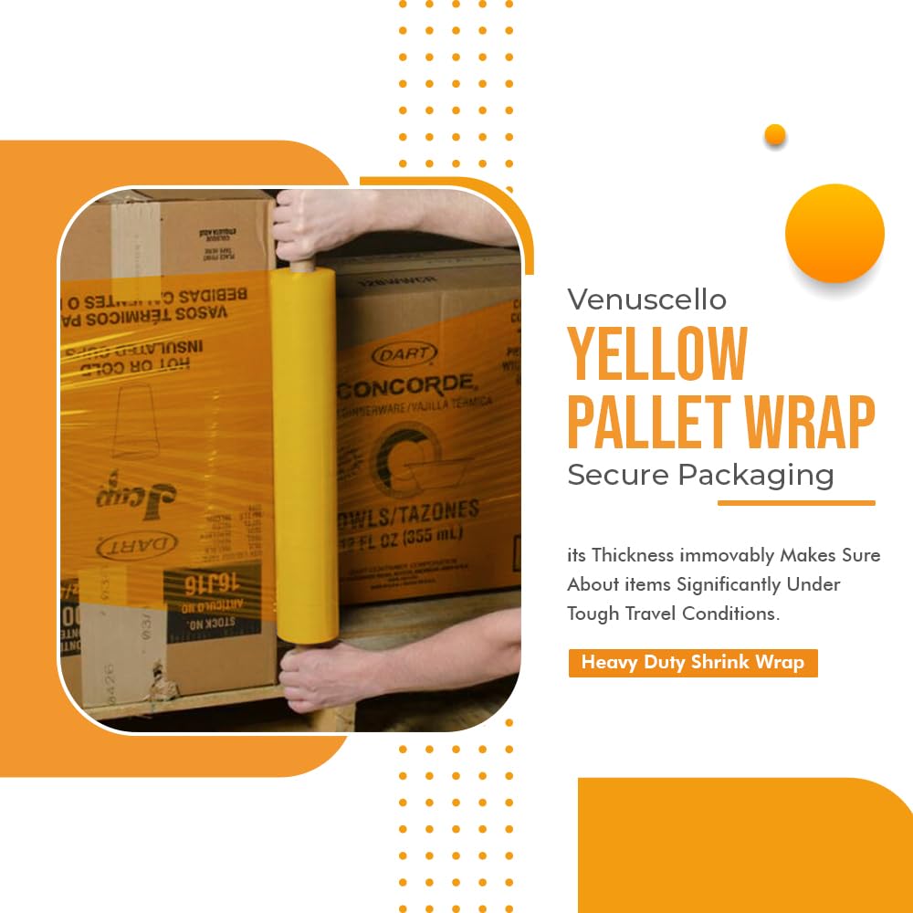 Venuscello® Pallet Stretch Wrapping Roll 400mm x 200m 20mu Yellow Extended Core Heavy Duty Shrink Wrap for Secure Packaging & Moving