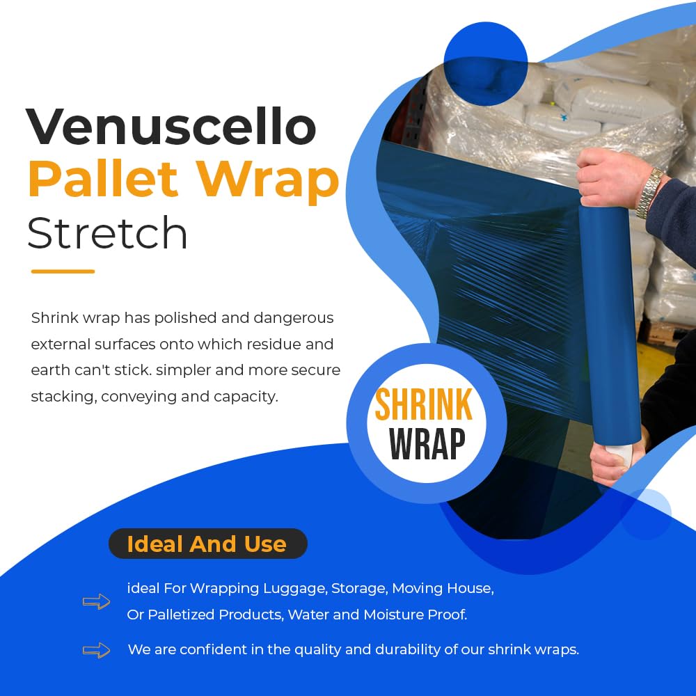 Venuscello® Pallet Stretch Wrapping Roll 400mm x 200m 20mu Blue Extended Core Heavy Duty Shrink Wrap for Secure Packaging & Moving