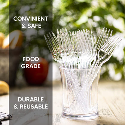 Venuscello® 50 x Plastic Cutlery Set - Spoon/Fork/Knife - Reusable & Washable, Heavy Duty Cutlery, Long Tablespoon - Ideal for Birthday, Parties, Camping & Catering