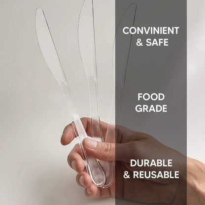 Venuscello® 50 x Plastic Cutlery Set - Spoon/Fork/Knife - Reusable & Washable, Heavy Duty Cutlery, Long Tablespoon - Ideal for Birthday, Parties, Camping & Catering