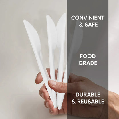 Venuscello® 50 x Plastic Cutlery Set - Spoon/Fork/Knife - Reusable & Washable, Heavy Duty Cutlery, Long Tablespoon - Ideal for Birthday, Parties, Camping & Catering