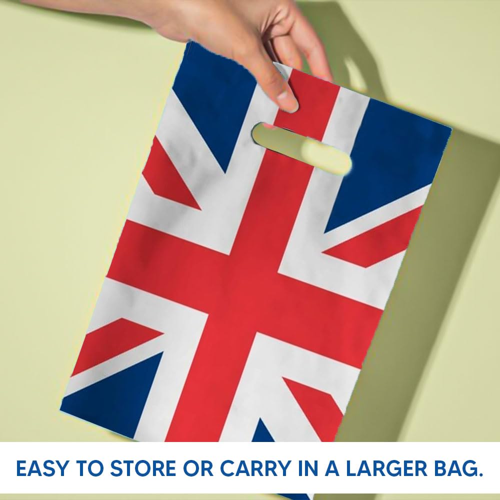 500 x Union Jack Plastic Patch Handle Carrier Bags With Handles for Fashion, Party, Boutique & Shopping