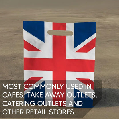 500 x Union Jack Plastic Patch Handle Carrier Bags With Handles for Fashion, Party, Boutique & Shopping