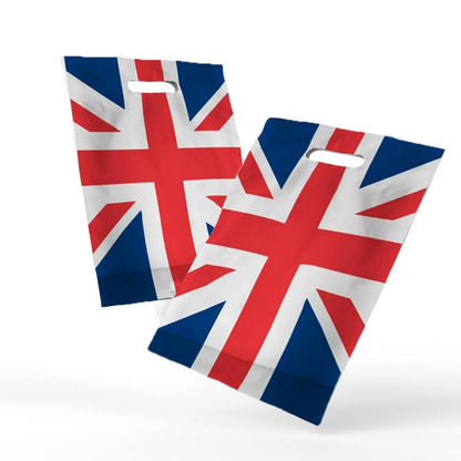 500 x Union Jack Plastic Patch Handle Carrier Bags With Handles for Fashion, Party, Boutique & Shopping